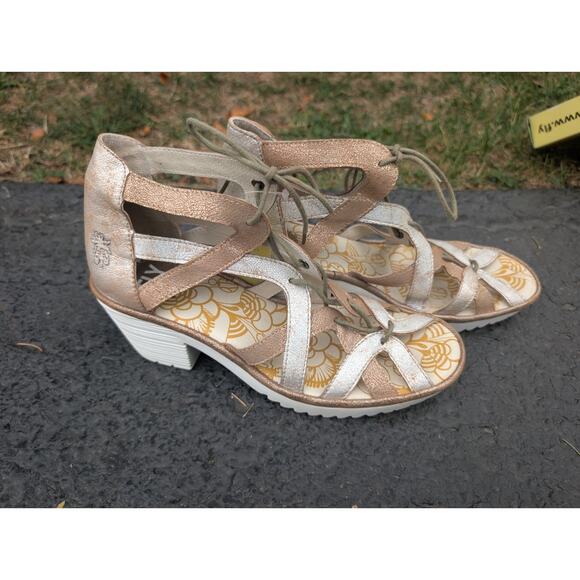 Fly London Women's Metallic Gladiator Heeled Sandals Sz 39 US 8-8.5 Pearl Luna - Picture 3 of 8